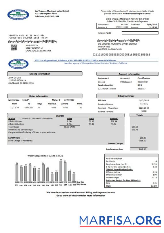 Downloadable USA California Las Virgenes Municipal Water District utility bill template in Word and PDF format